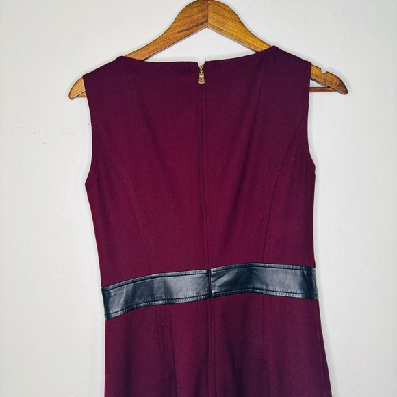 Tory Burch Sleeveless Sheath Dress Leather Trim Wine Wool Blend Gold Accents 4 - Picture 10 of 13